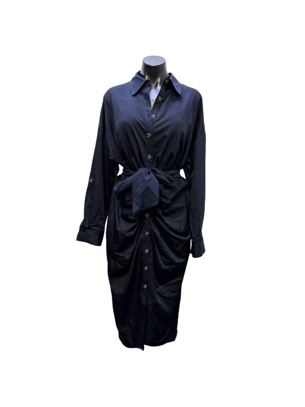 NWT Antonio Melani Navy Button-Down Midi Shirt Dress With Tie Waist 6